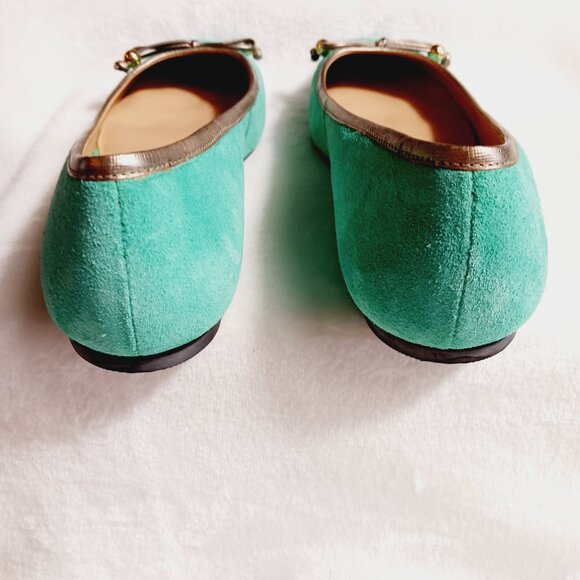 Lilly Pulitzer, Jewel Green Suede Flat Shoes, Size 7M, Gold Trim, Bow, Squared - Picture 13 of 16